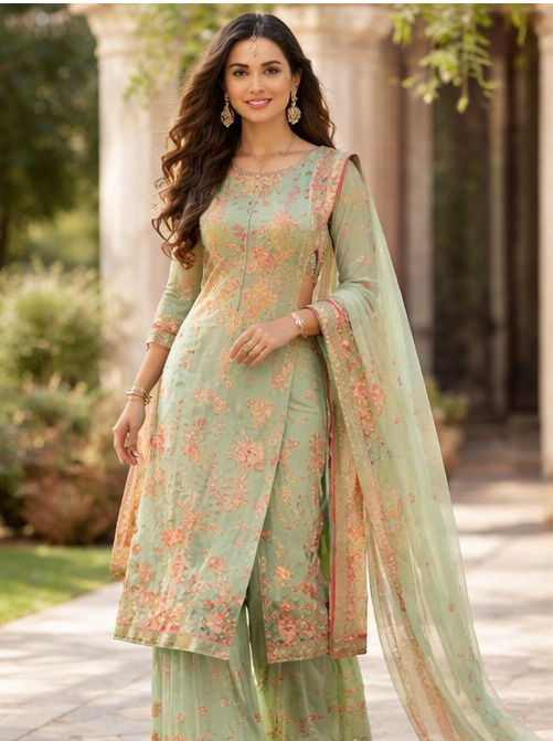Women's Pastel Green Embroidered Straight Kurta Set with Dupatta